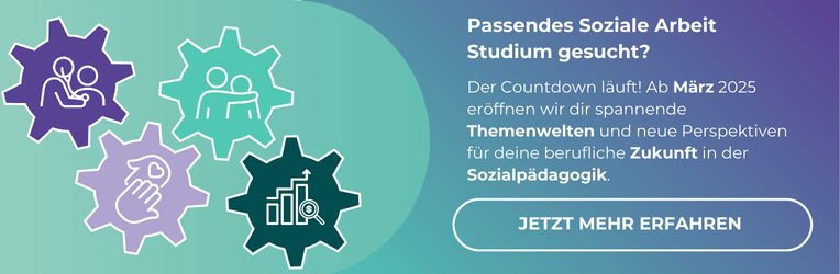 Illustration von vier Zahnrädern mit Symbolen für Sozialarbeit: eine Pflegeperson mit Stethoskop, zwei Personen in Umarmung, eine helfende Hand mit Herz und ein Diagramm mit Pfeil – eine visuelle Darstellung der Vielfalt und Karrierechancen im Bereich Sozialpädagogik und zur Beantwortung der Frage: Was ist soziale Arbeit?